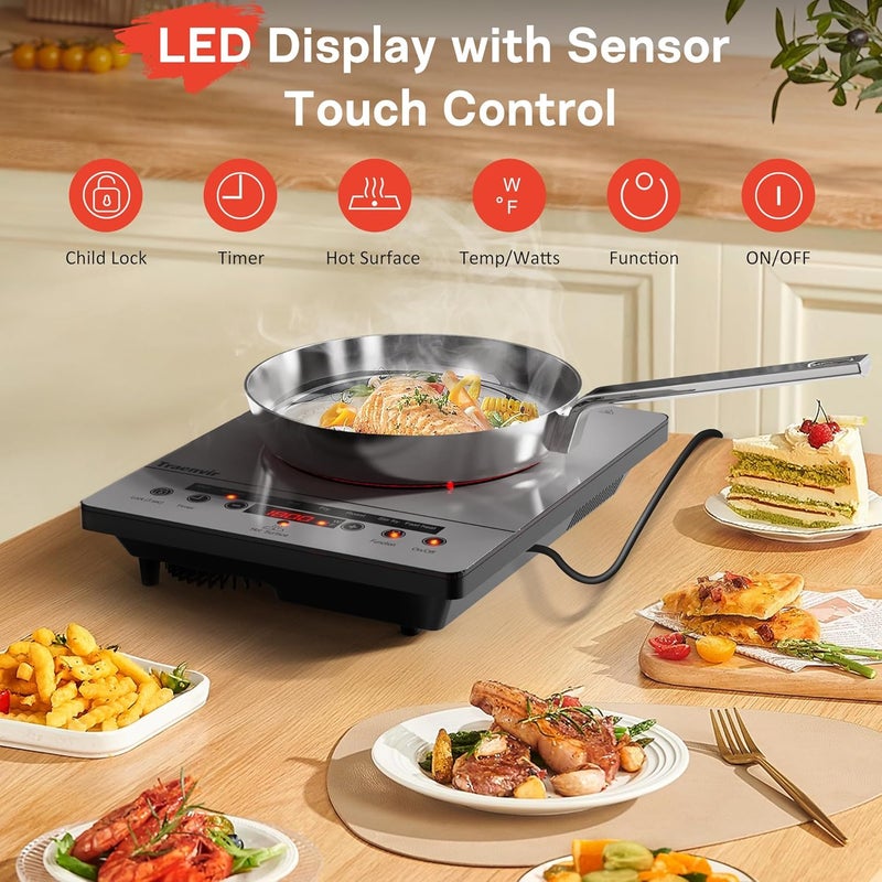 Traenvir Single Burner Electric Cooktop, One Burner Electric Stove 1800W, Portable Ceramic Cooktop with Touch Control, Child Lock, 4 Hour Timer, Overheat Protection, 110V-120V Plug in, Grey - Image 5